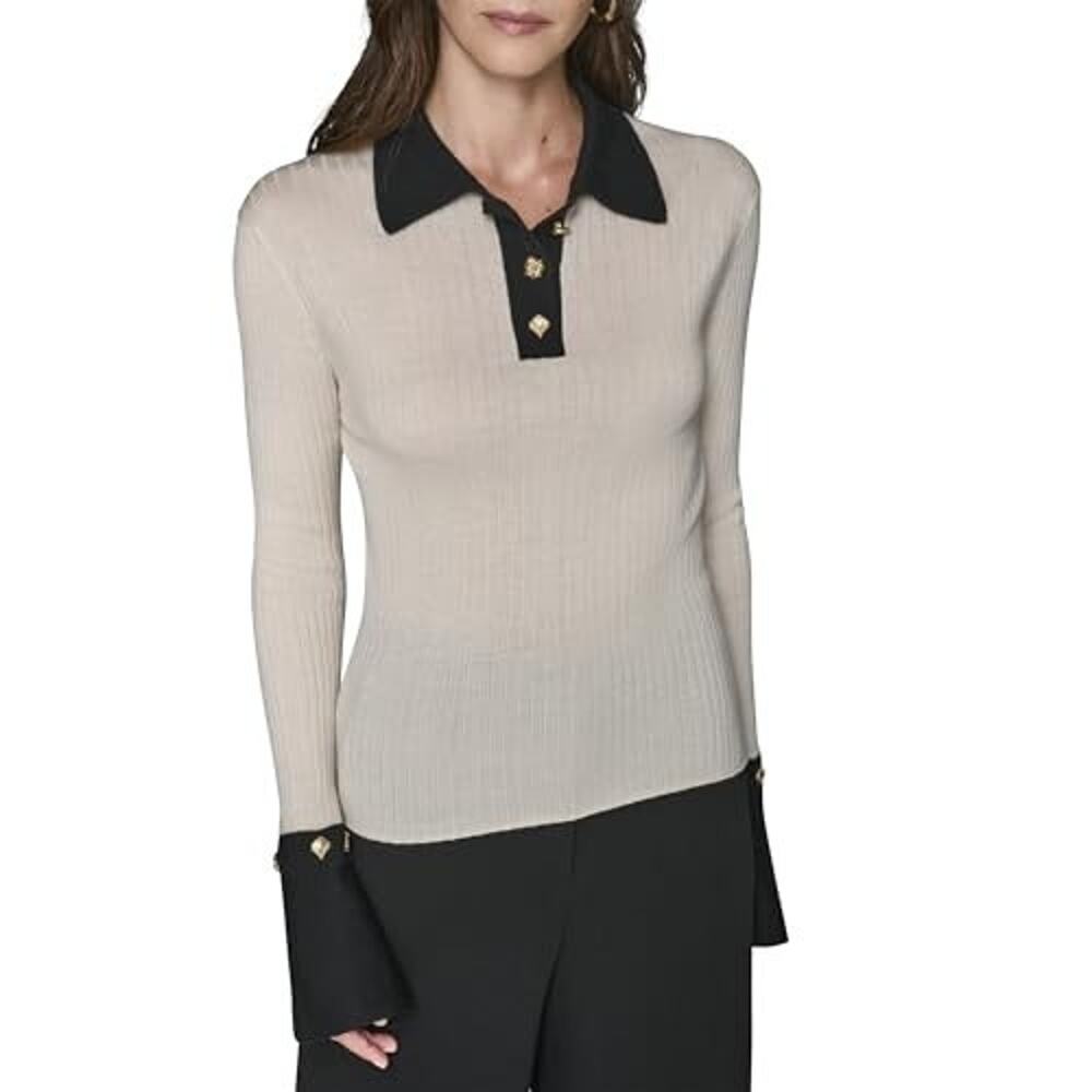 Karl Lagerfeld Collared Flared Sleeves Gold Buttons Sweater Birch Size XL 0749